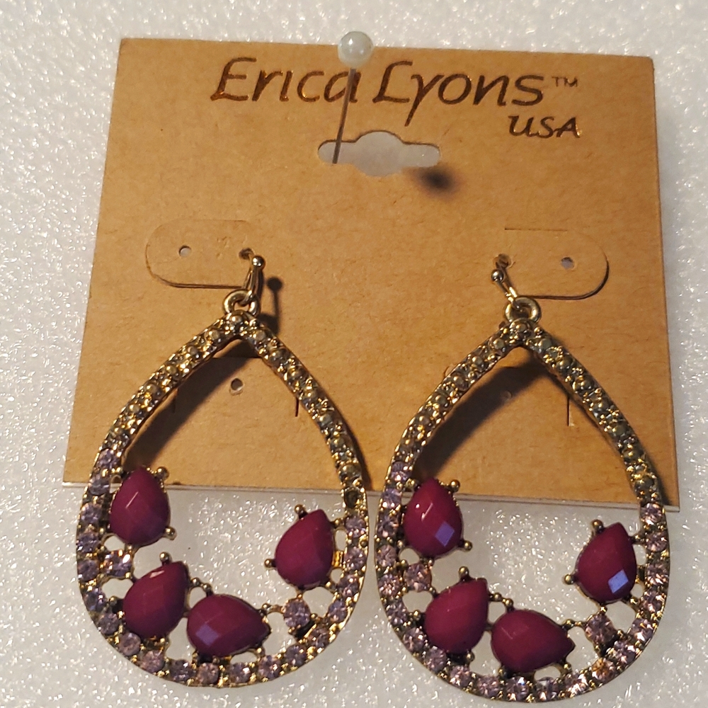 Erica Lyons Magenta & Gold Tone Earrings